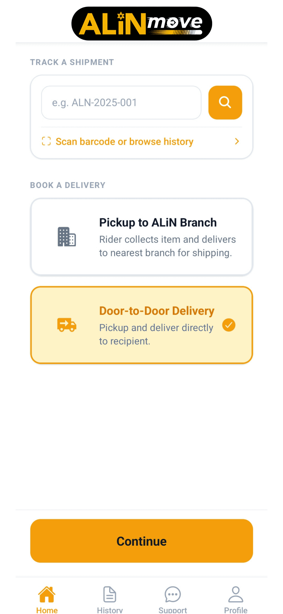 ALiN Move customer app home screen