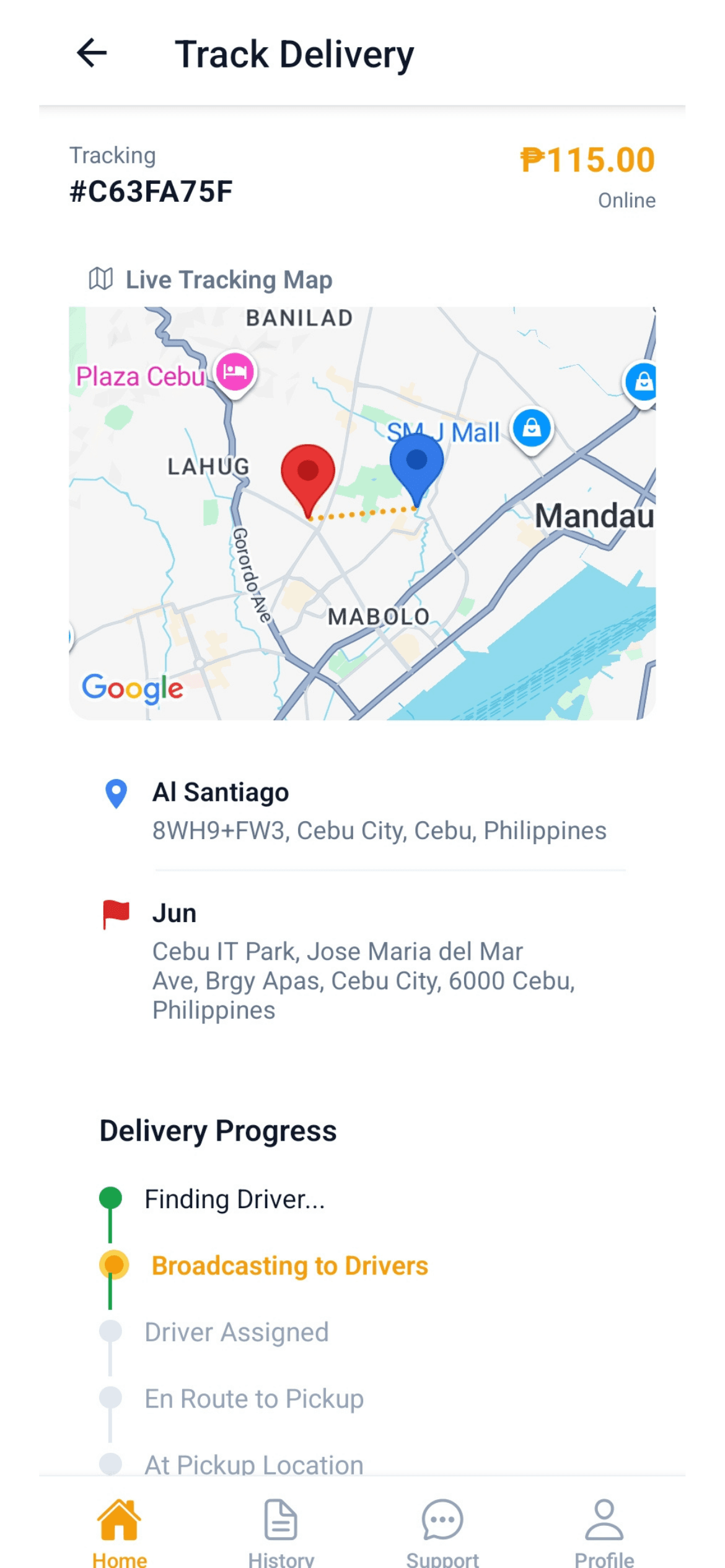 Tracking a delivery in the ALiN Move customer app