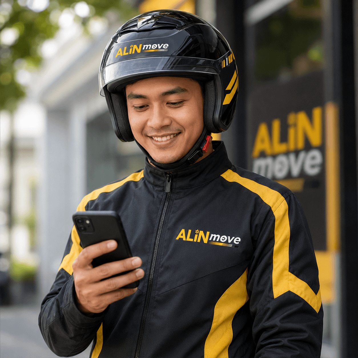 ALiN Move rider in branded jacket checking the rider app